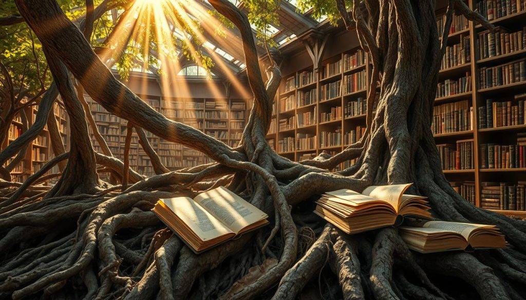Weathered, gnarled roots emerge from the earth, intertwining with ancient tomes and parchments. Beams of warm, golden light pierce through the canopy, casting a contemplative glow upon the scene. In the background, a vast library of knowledge stretches out, its shelves laden with the accumulated wisdom of generations. The roots, symbolic of the foundations of philosophical thought, seem to reach up, grasping at the enlightenment that the books promise. A sense of timelessness and scholarly introspection permeates the atmosphere, inviting the viewer to ponder the origins and historical perspectives of human understanding.