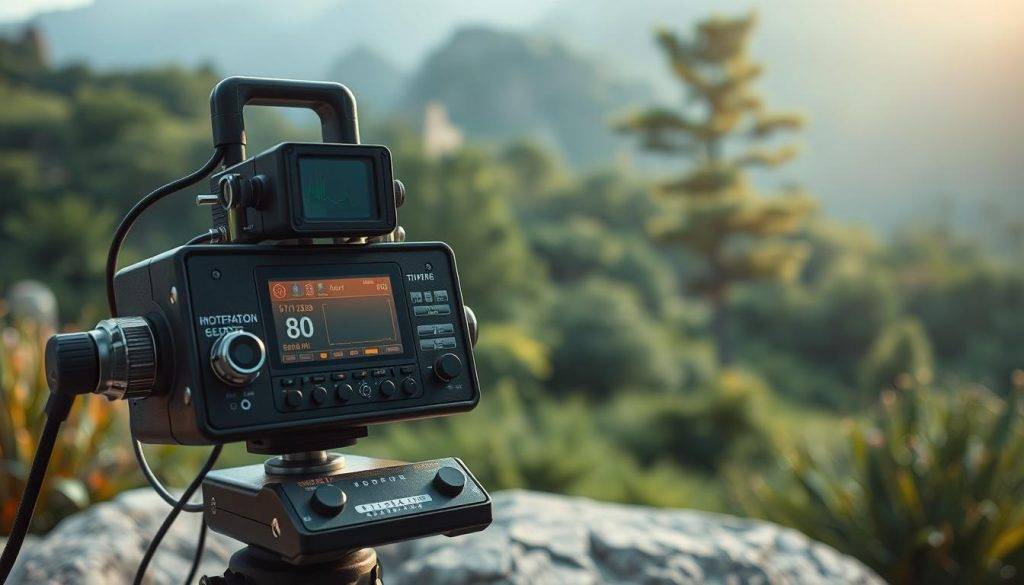 a detailed, photorealistic image of an energy measurement device used in biofield science research, set against a backdrop of a serene, natural environment. The device, with its intricate sensors and display panels, is the focal point, capturing the precision and advanced technology involved in measuring the energy fields of living organisms. The surrounding landscape features lush greenery, soft lighting, and a calming atmosphere that evokes the holistic nature of biofield science. The image conveys a sense of scientific inquiry, exploration, and the interconnectedness between the physical and energetic realms.