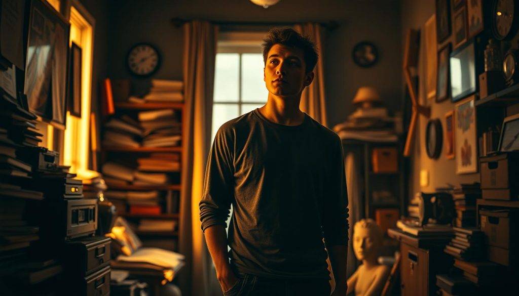 a highly detailed, cinematic, hyperrealistic image of a young adult standing in a dimly lit, cluttered room, deep in thought, surrounded by symbols and representations of various life choices and decisions - a career path, relationships, personal growth, financial stability, and future goals. The figure is captured in a pensive, introspective pose, illuminated by a warm, golden light from a window, casting dramatic shadows and highlighting the contemplative atmosphere. The background is filled with subtly blurred, ambient details that create a sense of the character's internal emotional landscape and the complexity of the "quarter-life crisis" experience.