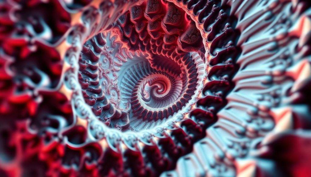 a highly detailed, scientifically accurate, and visually stunning digital illustration depicting the mathematical concepts of fractal dimensions in the field of theoretical physics. The image should feature a mesmerizing 3D fractal structure, composed of intricate, self-repeating patterns that elegantly showcase the underlying geometric principles. The fractal should be rendered with a combination of vibrant, jewel-toned colors and a subtle, moody lighting setup that enhances the sense of depth and complexity. The scene should be framed in a way that highlights the fractal's organic, dreamlike quality, inviting the viewer to explore the infinite layers of detail and the hidden complexities that govern the natural world.