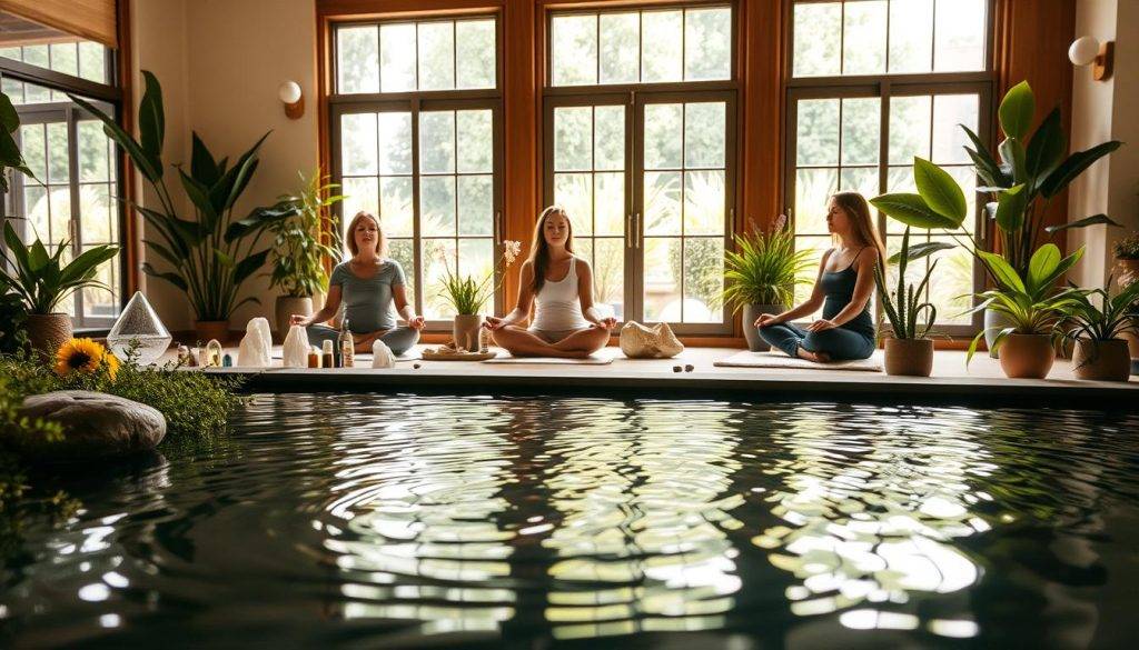 a serene and tranquil scene of a holistic trauma treatment center, with a warm and inviting atmosphere. In the foreground, a calming water feature with gentle ripples reflects the soft natural lighting, creating a sense of peace and relaxation. The middle ground features a group of people engaged in a guided meditation session, their eyes closed as they focus inward. Surrounding them are various healing modalities such as crystals, essential oils, and soothing plants, all working in harmony to create a holistic and restorative environment. In the background, large windows overlook a lush, verdant garden, further enhancing the connection to nature and the natural healing process. The overall lighting is soft and diffused, creating a serene and therapeutic ambiance.