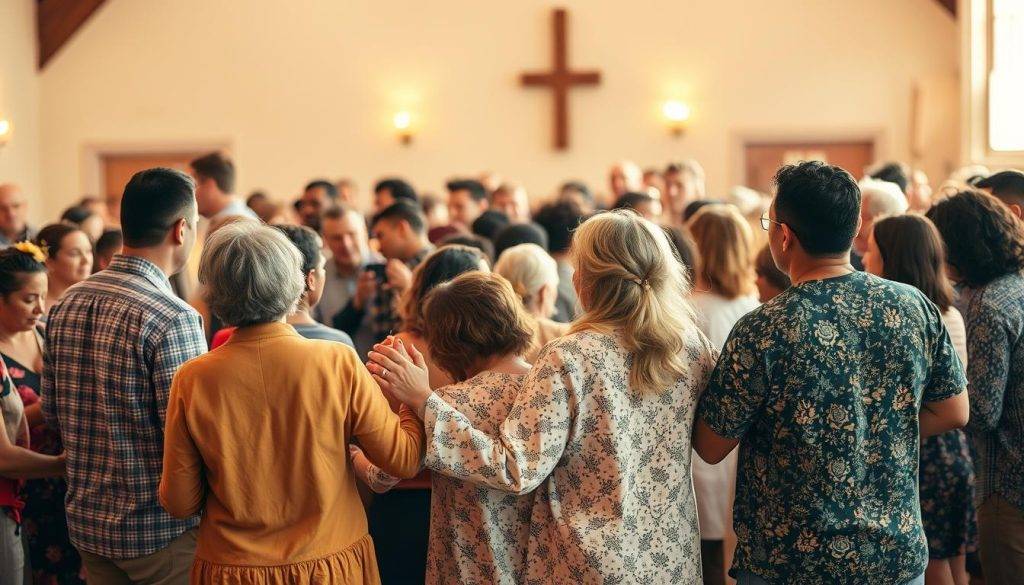 a serene gathering of a diverse faith community in a warm, softly lit sanctuary, with people of different ages and backgrounds joining hands and embracing one another, radiating a sense of connection, healing, and spiritual renewal; the space is filled with a gentle, ethereal glow, the atmosphere infused with a feeling of hope, acceptance, and the transformative power of collective faith; the scene is captured from a slightly elevated angle, allowing the viewer to observe the intimate interactions and the cohesive energy of the group