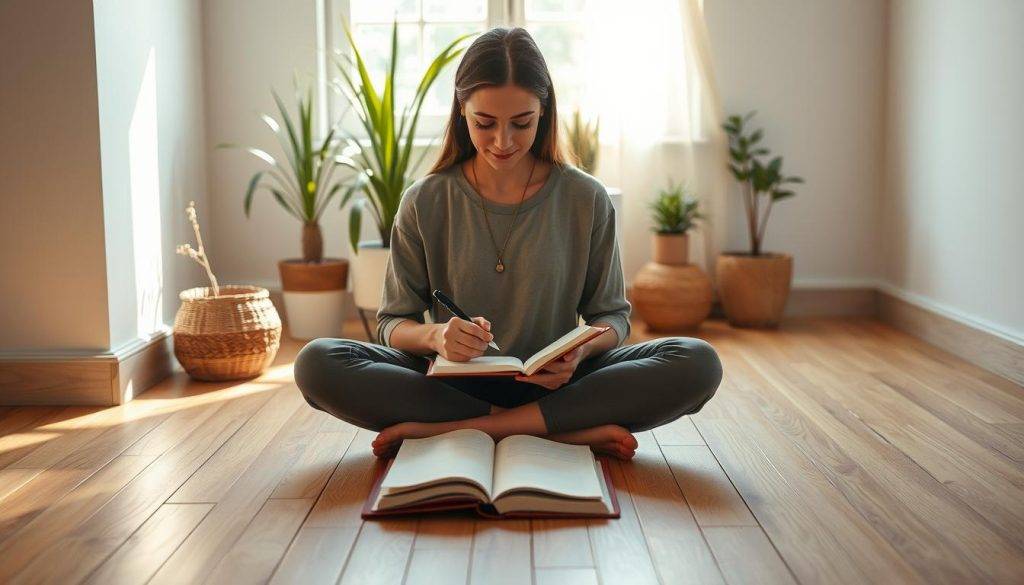 high-resolution photograph of a person sitting cross-legged on a wooden floor, with a notebook and pen in front of them, surrounded by natural light streaming in through a window. The person has a serene, focused expression on their face as they write in their journal. In the background, there are plants and minimal decor, creating a peaceful, minimalist atmosphere. The lighting is soft and warm, highlighting the act of daily gratitude practice. The composition is balanced and visually appealing, inviting the viewer to pause and reflect.