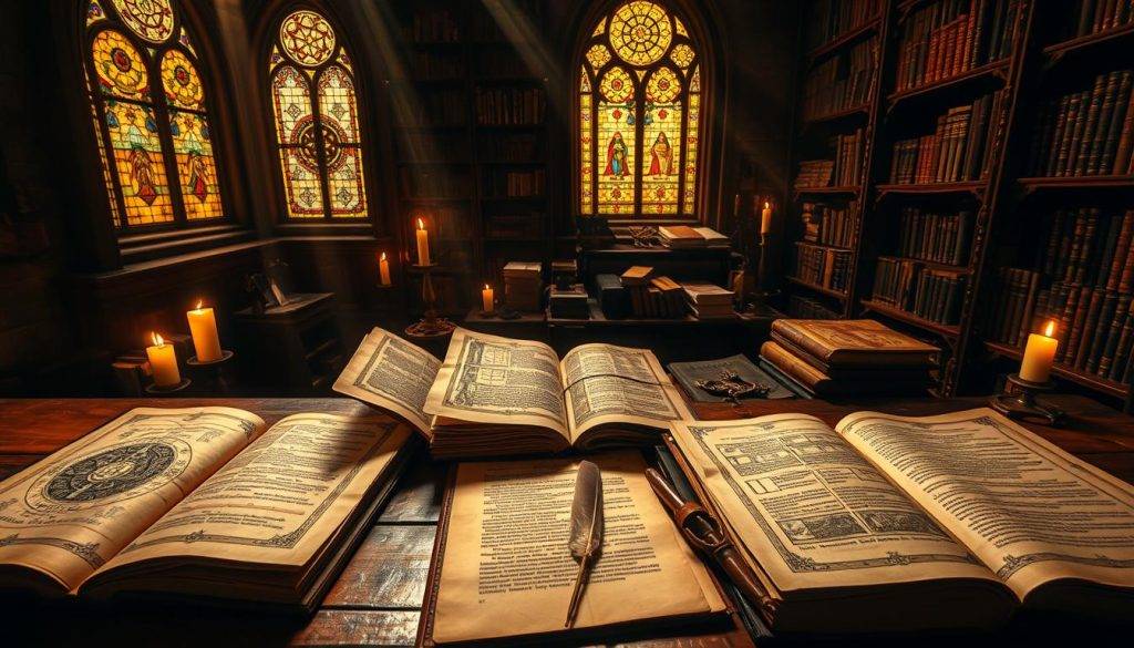 medieval mystical texts in a dimly lit library, the pages glowing with ancient symbols and esoteric illustrations, rays of warm candlelight filtering through stained glass windows, a sense of profound mystery and spiritual contemplation pervades the scene, the texture of aged parchment and leather bindings, an overhead shot captures the collection of tomes and scrolls arranged on a long wooden table, a single quill pen rests beside the texts, the atmosphere is hushed and reverential, as if one is on the verge of uncovering hidden truths