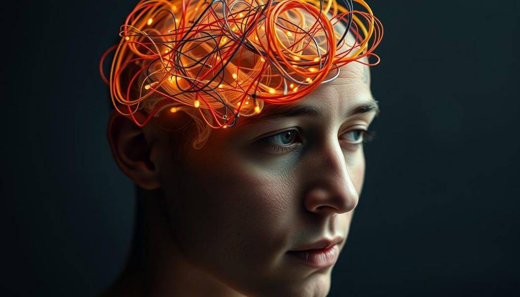 A close-up portrait of a person's head, with their brain exposed and visible. Intricate, colorful wires are delicately rewiring and restructuring the neural pathways, symbolizing the process of overcoming limiting beliefs and rewiring the mind. The lighting is soft and diffused, creating a contemplative, almost spiritual atmosphere. The background is blurred, keeping the focus on the central subject. The expression on the person's face is one of determination and inner transformation. The overall tone is one of hope, growth, and the power of the human mind to reshape itself.