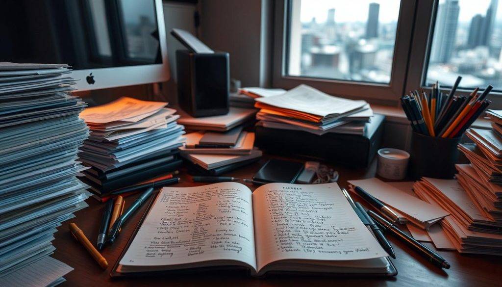 A cluttered desk, surrounded by stacks of papers, pens, and a computer monitor, illuminated by a warm, soft light. In the middle ground, a daily planner lies open, its pages filled with scribbled to-do lists and schedules. The background reveals a window, offering a glimpse of a bustling city outside, a constant reminder of the demands of daily life. The scene conveys a sense of routine and familiarity, yet a slight tension, hinting at the need to break free from the patterns that can often consume our focus.
