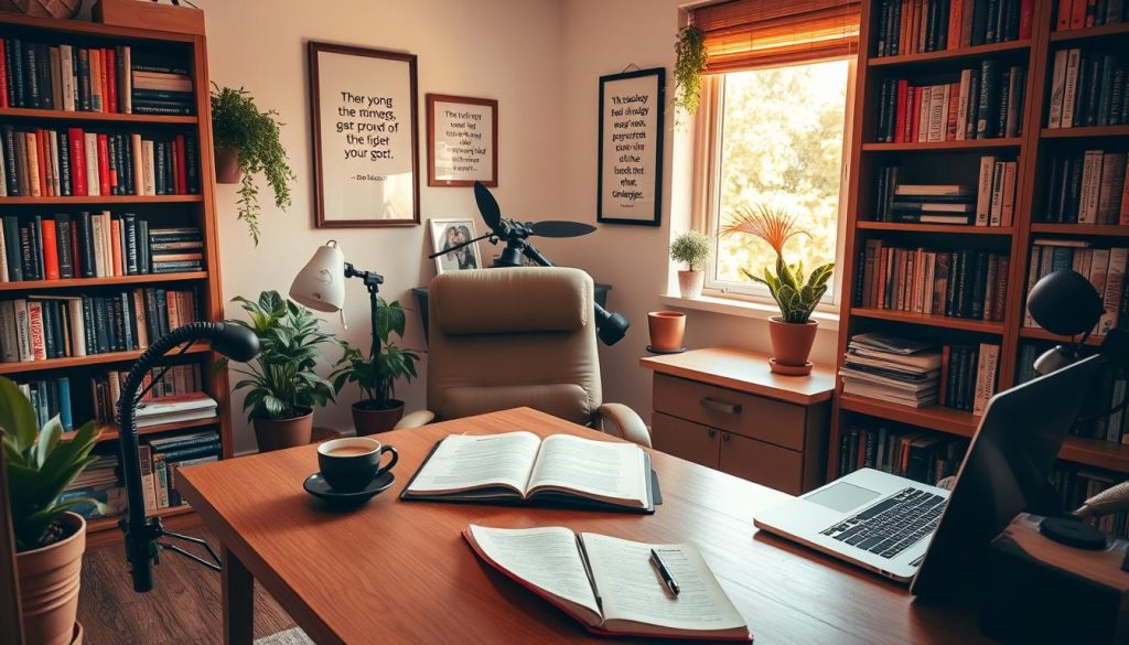 A cozy home office with a large desk and a comfortable chair, bathed in warm, natural light from a nearby window. On the desk, an open notebook with handwritten notes, a laptop, and a cup of coffee. Bookshelves line the walls, filled with volumes on psychology, self-improvement, and personal development. Potted plants and framed inspirational quotes adorn the space, creating a serene and contemplative atmosphere. In the foreground, a person sits at the desk, deeply engrossed in their research, surrounded by the tools and resources they need to explore the profound benefits of uplifting affirmations.