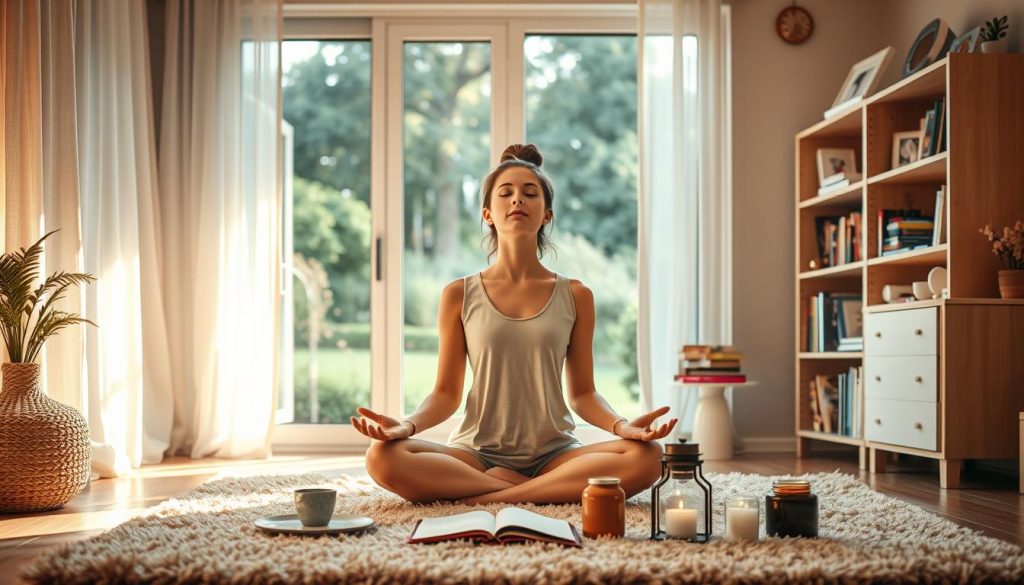 A cozy, well-lit bedroom with soft, warm lighting filtering through sheer curtains. In the foreground, a person sitting cross-legged on a plush rug, eyes closed in a serene meditative pose, surrounded by various self-care items - a journal, a cup of tea, and scented candles. In the middle ground, a large window overlooks a tranquil garden, evoking a sense of peace and connection with nature. The background features a minimalist bookshelf adorned with inspirational books and trinkets, creating an atmosphere of introspection and personal growth. The overall scene conveys a sense of intentional daily self-care and affirmation practices.
