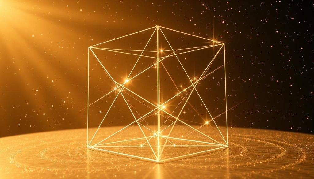 A crystalline geometric matrix floats against a starry, ethereal backdrop. Shimmering lines and planes intersect, forming a multi-dimensional structure that radiates a sense of order, harmony, and universal principles. The composition is bathed in a warm, golden light, casting subtle shadows and highlights that lend depth and a sense of tangibility to the abstract forms. The overall impression is one of elegance, balance, and the underlying patterns that govern the manifestation of reality. Captured through a wide-angle lens, the image conveys a panoramic, all-encompassing perspective on the core principles behind the creative process.