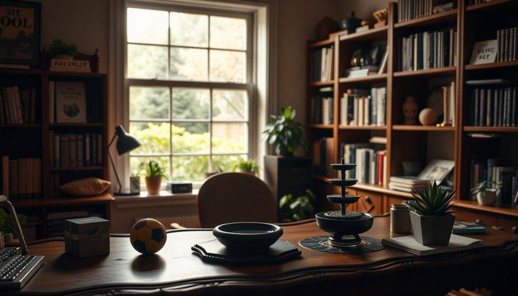 A dimly lit study, filled with an array of personalized focus tools. In the foreground, a carved wooden desk holds a variety of tactile objects - a fidget cube, a desktop fountain, and a potted succulent. Warm, indirect lighting casts a cozy glow, while the middle ground reveals bookshelves stocked with self-help volumes and inspirational tchotchkes. In the background, a large window overlooking a lush, tranquil garden, offering a serene view to pause and refocus the mind. The overall atmosphere is one of mindful, personalized productivity, where the individual's unique needs for concentration and stress relief are catered to.