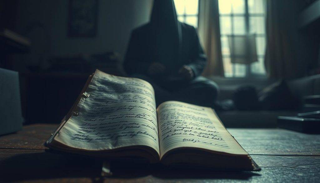 A dimly lit study, the air thick with the weight of introspection. In the foreground, a tattered, well-worn journal lies open, its pages bearing the scribbled remnants of past doubts and fears. Looming in the background, a shadowy figure, a visual metaphor for the limiting beliefs that have taken root, casting a heavy pall over the scene. Soft, moody lighting bathes the space, creating an atmosphere of contemplation and unease. The overall composition conveys the notion of delving into the origins of self-worth and the internal struggles that shape our perceptions of success and worthiness.