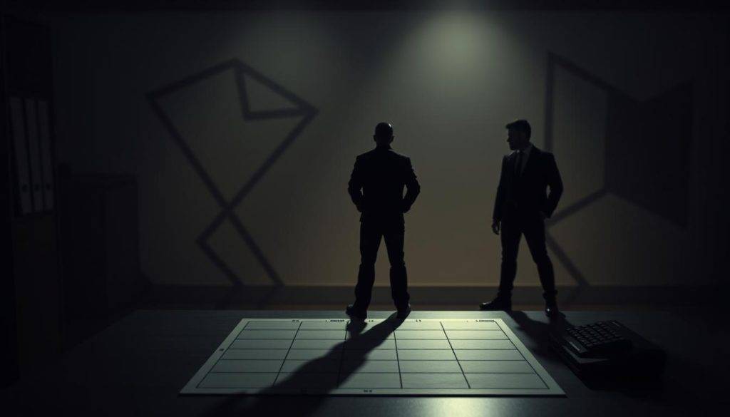 A dimly lit workspace with a focused and disciplined atmosphere. In the foreground, a desk featuring a strategically placed grid representing different "hit zones" - areas of highest productivity and focus. Shadowy, determined figures stand over the desk, considering their next move. The middle ground features abstract geometric shapes and lines, symbolizing the organizational structure and systems that support disciplined work. In the background, a hazy, muted color palette creates a sense of concentration and dedication. Dramatic lighting casts long shadows, heightening the sense of intensity and purpose. The overall scene conveys the power of strategic planning and the embrace of a disciplined mindset for achieving success.