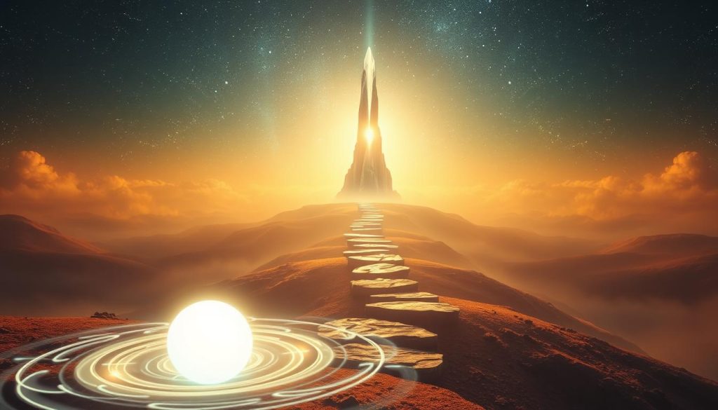 A dreamlike landscape where thoughts, beliefs, and aspirations take physical form. In the foreground, a glowing sphere of light represents the mind's conception, surrounded by swirling energy patterns. In the middle ground, ethereal pathways and stepping stones lead towards a towering, crystalline structure - the manifestation of achieved reality. The background features a vast, starry sky, hinting at the boundless potential of the human mind. Warm, diffuse lighting casts a sense of wonder and possibility, while a subtle depth of field focuses the viewer's attention on the central elements. Cinematic in scope, this image conveys the transformative power of believing in one's own abilities to turn dreams into tangible success.