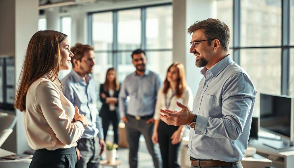 A dynamic, well-lit sales communication strategy scene. In the foreground, a professional salesperson engages in a lively discussion, their body language conveying confidence and persuasion. In the middle ground, potential customers listen intently, their faces reflecting a mix of intrigue and consideration. The background showcases a modern office setting, with sleek furniture and large windows allowing natural light to pour in, creating a sense of openness and opportunity. The overall atmosphere is one of productive collaboration, where ideas flow freely and connections are forged, hinting at the power of pattern interrupts to captivate and inspire.