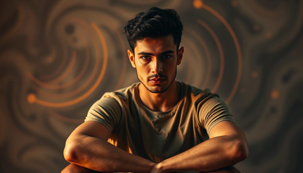 A highly focused, introspective portrait of a person embodying a proactive mindset. In the foreground, a contemplative individual sits cross-legged, their expression radiating determination and focus. Soft, warm lighting illuminates their face, casting subtle shadows that accentuate their features. In the middle ground, a hazy, abstract backdrop of swirling, energetic shapes and lines, representing the dynamic, ever-changing nature of a proactive mindset. The background is blurred, hinting at the broader context of "seizing the day" and "going out and getting it." The overall atmosphere is one of quiet, resolute confidence, capturing the essence of a proven strategy for a proactive approach to life.