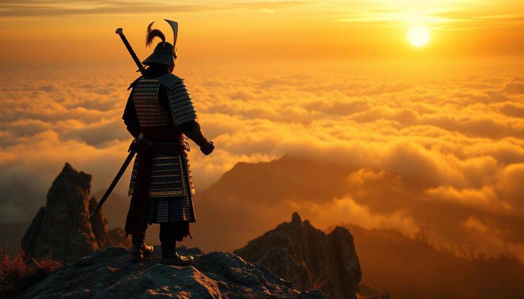A lone samurai stands atop a craggy, windswept mountain, gazing out over a vast, misty landscape. His armor gleams in the warm, golden light of the setting sun, a testament to his discipline and dedication. In his hand, he holds a weathered sword, the symbol of his mastery of the warrior's path. The air is heavy with the scent of pine and the whisper of the wind, evoking a sense of solitude and contemplation. The scene exudes a serene, contemplative atmosphere, capturing the essence of the samurai's pilgrimage and the wisdom it imparts. A lone samurai stands atop a craggy, windswept mountain, gazing out over a vast, misty landscape. His armor gleams in the warm, golden light of the setting sun, a testament to his discipline and dedication. In his hand, he holds a weathered sword, the symbol of his mastery of the warrior's path. The air is heavy with the scent of pine and the whisper of the wind, evoking a sense of solitude and contemplation. The scene exudes a serene, contemplative atmosphere, capturing the essence of the samurai's pilgrimage and the wisdom it imparts.