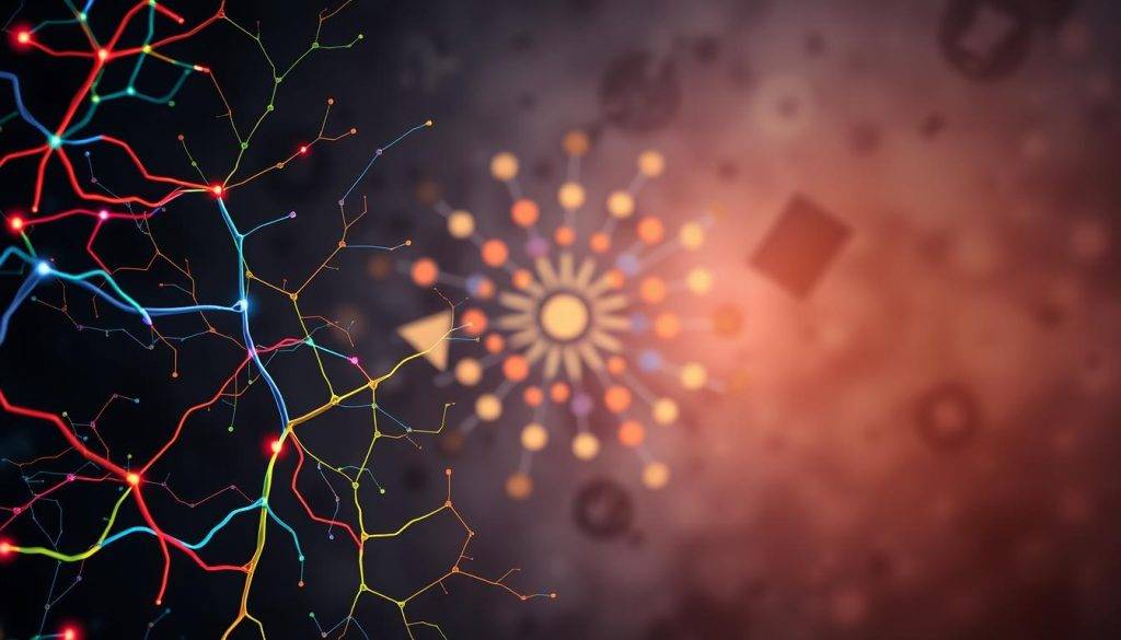 A meticulously detailed illustration of neuro-linguistic programming techniques, captured through the lens of a professional photographer. In the foreground, vibrant neural pathways intertwine, representing the intricate connections within the mind. The middle ground showcases abstract shapes and symbols, hinting at the complex language patterns that underlie cognitive processes. In the background, a softly lit, textured backdrop evokes a sense of depth and tranquility, inviting the viewer to delve deeper into the scientific principles of pattern interrupt psychology. The overall composition conveys a harmonious balance between the intricacies of the mind and the elegance of its workings.