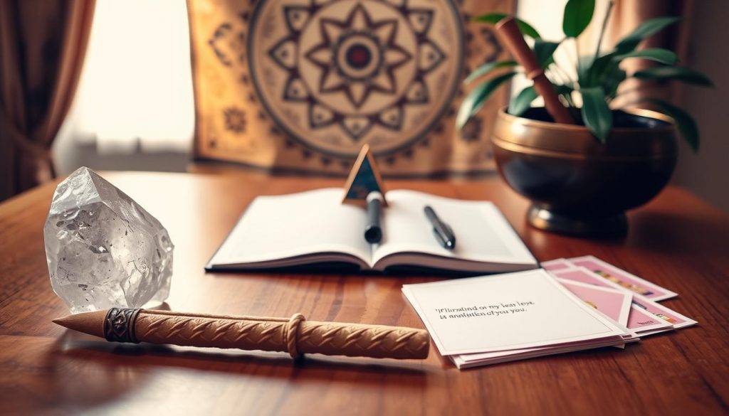 A neatly arranged collection of manifestation tools on a wooden table, illuminated by warm, natural lighting. In the foreground, a crystal quartz, a Tibetan singing bowl, and a sage smudge stick. In the middle ground, a journal with a pen, a small pyramid, and a set of colorful affirmation cards. In the background, a tapestry or wall hanging with a symbolic design, and a potted plant adding a touch of greenery. The overall atmosphere is one of focus, intention, and a sense of ritual, inviting the viewer to engage in a meaningful manifestation practice.