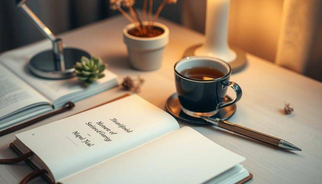 A neatly organized desk with a leather-bound journal, a fountain pen, and a cup of herbal tea. Warm, soft lighting from a desk lamp creates a cozy, reflective atmosphere. The journal is open to a fresh page, ready to capture moments of gratitude. A potted succulent and a few dried flowers add natural touches. The background is blurred, keeping the focus on the journal practice. The overall scene conveys a sense of mindfulness, introspection, and the peaceful winding down of the day.