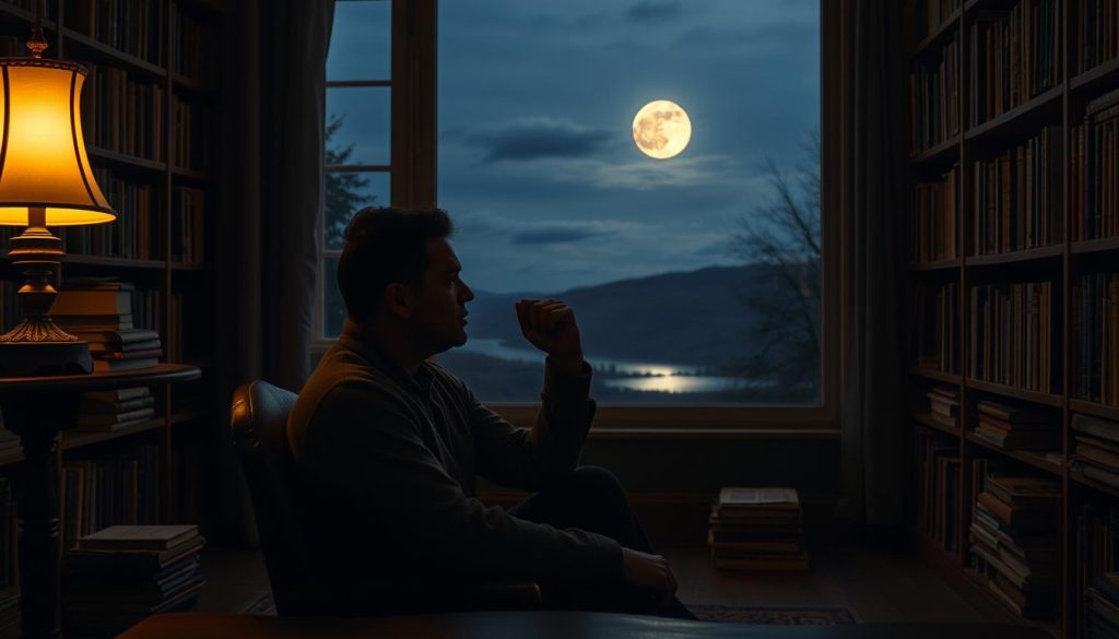 A pensive figure sits in a dimly lit study, surrounded by shelves of books and manuscripts. Soft, warm lighting from a nearby lamp casts a contemplative glow, inviting the viewer to join in deep self-reflection. The pose is one of introspection, with the figure's chin resting on their hand, eyes focused inward. In the background, a large window overlooking a tranquil, moonlit landscape serves as a metaphor for the journey of self-discovery. The overall atmosphere is one of quiet contemplation, encouraging the viewer to pause and examine their own desires and motivations.