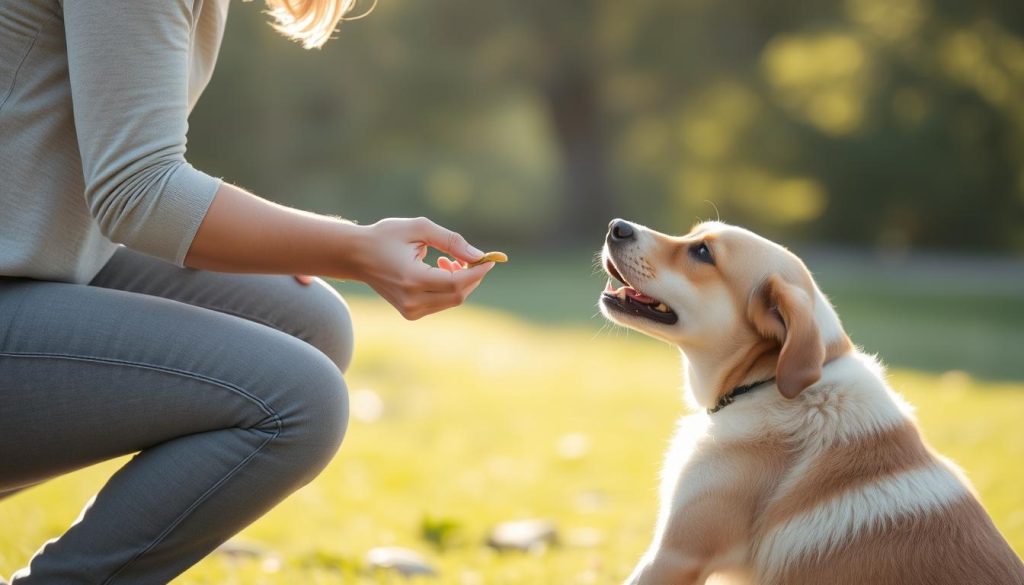 A person applying positive reinforcement techniques to a dog, set against a bright, sunlit backdrop. The person is crouched down, hand outstretched with a treat, as the dog eagerly anticipates the reward. Soft, diffused lighting illuminates the scene, creating a sense of warmth and connection between the human and animal. The background is a blurred, idyllic outdoor setting, evoking a peaceful, nurturing atmosphere conducive to positive reinforcement training. The overall composition emphasizes the collaborative, mutually beneficial nature of this approach to behavior modification.