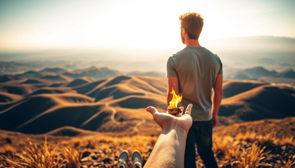 A person standing at the edge of a vast, open landscape, their gaze fixed on the distant horizon. Warm, golden sunlight bathes the scene, casting a sense of hope and possibility. In the foreground, a single glowing ember rests in the person's outstretched hand, symbolizing the spark of inner drive and determination. The middle ground features rolling hills and winding paths, inviting the viewer to explore and discover their own path. The background is a sweeping vista of mountains and endless sky, suggesting the boundless potential of the journey ahead. The overall atmosphere is one of inspiration, introspection, and the anticipation of new adventures.