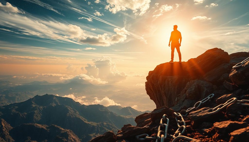 A person standing atop a rocky cliff, gazing out towards a vast, radiant sky. The figure is illuminated by warm, golden light, their stance determined and resolute, symbolizing the overcoming of limiting beliefs. In the foreground, shattered chains lie at their feet, representing the breaking free from mental constraints. The rugged, textured landscape in the middle ground conveys the challenges faced, while the boundless, ethereal heavens in the background signify the boundless potential and possibilities that await beyond self-imposed limitations. The overall atmosphere is one of empowerment, transcendence, and a renewed sense of self-belief.