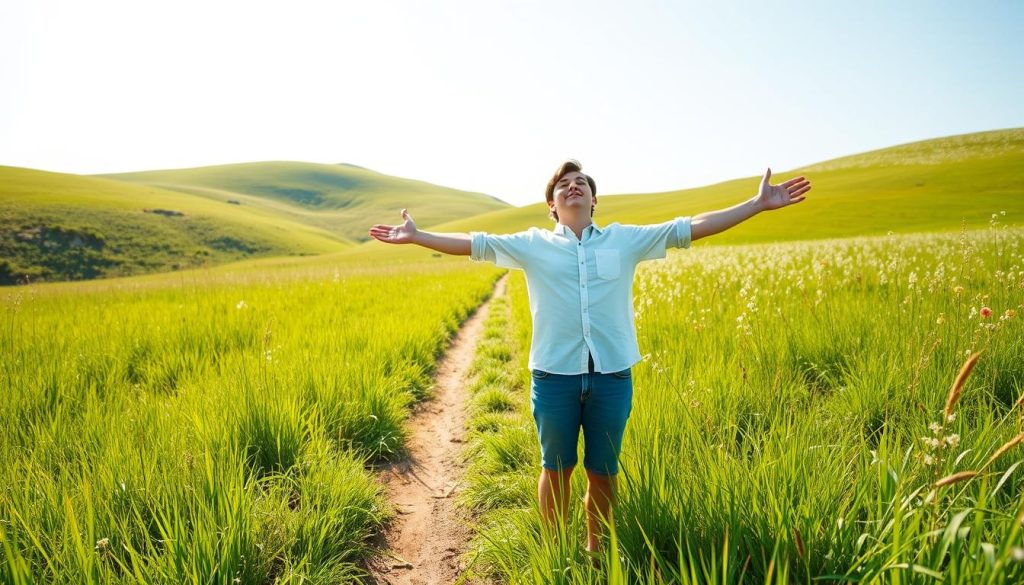 A person standing confidently in a sunlit, tranquil meadow, arms outstretched as they breathe in the fresh air, a serene expression on their face. In the middle ground, a path winds through the lush, verdant grass, inviting the viewer to follow. In the background, rolling hills dotted with wildflowers create a sense of expansiveness and possibility. The lighting is soft and natural, creating a warm, hopeful atmosphere. The angle is slightly elevated, allowing the viewer to feel a sense of liberation and personal growth.
