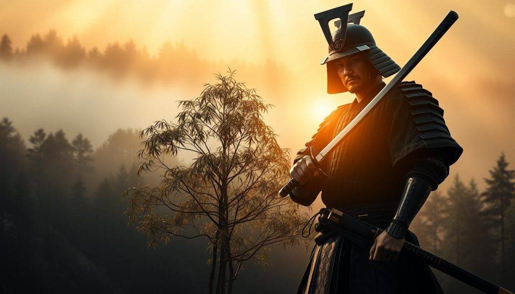 A samurai warrior stands tall, his katana gripped firmly in a battle-ready stance. Rays of golden light filter through a mist-shrouded forest, casting a transcendent glow upon his stoic expression. In the middle ground, a sparse bamboo grove sways gently, mirroring the fluid movements of the martial artist. The background fades into a serene, ink-wash landscape, hinting at the spiritual discipline and philosophical depth that underpins the samurai's deadly arts. Crisp, high-contrast lighting accentuates the samurai's powerful physique and the sharp lines of his traditional armor, capturing the essence of Miyamoto Musashi's unwavering "way of the warrior." A samurai warrior stands tall, his katana gripped firmly in a battle-ready stance. Rays of golden light filter through a mist-shrouded forest, casting a transcendent glow upon his stoic expression. In the middle ground, a sparse bamboo grove sways gently, mirroring the fluid movements of the martial artist. The background fades into a serene, ink-wash landscape, hinting at the spiritual discipline and philosophical depth that underpins the samurai's deadly arts. Crisp, high-contrast lighting accentuates the samurai's powerful physique and the sharp lines of his traditional armor, capturing the essence of Miyamoto Musashi's unwavering "way of the warrior."