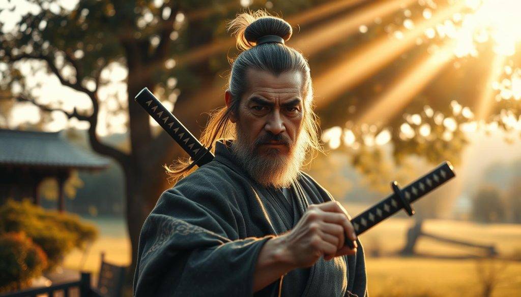 A seasoned warrior, Musashi, stands in a serene garden, his katana drawn. Beams of golden light filter through the canopy, casting a warm glow on his weathered face, exuding an aura of disciplined focus. The background fades into a tranquil landscape, hinting at the harmony he has achieved through years of dedicated practice. Musashi's stance is unwavering, reflecting the mastery of both body and mind – a testament to the strategic lessons he imparts. The scene evokes a sense of resilience, self-control, and the pursuit of perfection that defined his legendary life. A seasoned warrior, Musashi, stands in a serene garden, his katana drawn. Beams of golden light filter through the canopy, casting a warm glow on his weathered face, exuding an aura of disciplined focus. The background fades into a tranquil landscape, hinting at the harmony he has achieved through years of dedicated practice. Musashi's stance is unwavering, reflecting the mastery of both body and mind – a testament to the strategic lessons he imparts. The scene evokes a sense of resilience, self-control, and the pursuit of perfection that defined his legendary life.