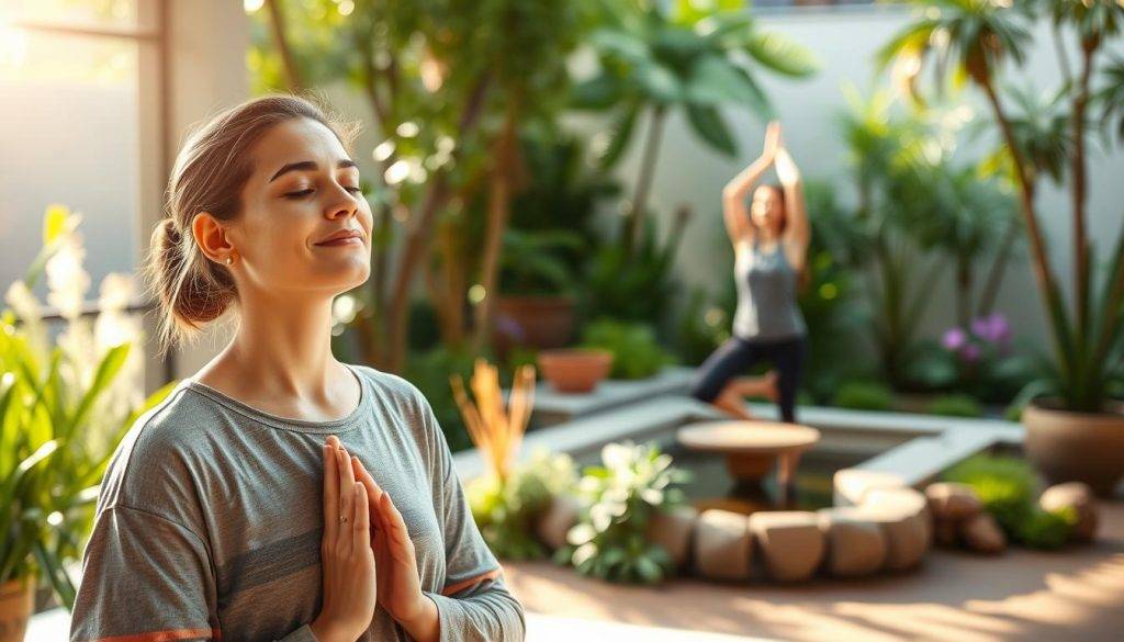 A serene and calming scene depicting various stress management techniques in a holistic, harmonious setting. In the foreground, a person is practicing mindful breathing, eyes closed and hands in a meditative pose. In the middle ground, another person is gently stretching, surrounded by lush greenery and soothing natural elements. The background features a tranquil, sun-dappled garden with a small water feature, creating a sense of peaceful tranquility. The lighting is soft and diffused, casting a warm, golden glow. The overall mood is one of balance, restoration, and a harmonious integration of the mind, body, and environment.