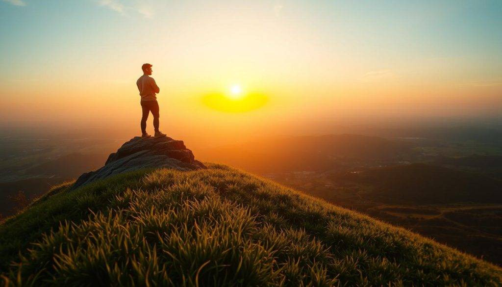 A serene and inspiring scene of a person standing atop a cliff, gazing out at a breathtaking landscape. The warm, golden light of the setting sun casts a gentle glow, illuminating the confidence and determination radiating from the figure. In the foreground, a lush, verdant field leads up to the rocky outcrop, symbolizing the journey of personal growth. The expansive sky and distant horizon represent the boundless possibilities that await, instilling a sense of hope and empowerment. The image is captured with a wide-angle lens, creating a sense of grandeur and scale, emphasizing the individual's insignificance in the face of nature's majesty, yet their capacity to overcome and thrive.