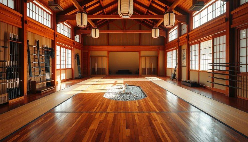 A serene and well-equipped dojo, bathed in warm natural light from expansive windows. The polished wood floors gleam, while thick tatami mats line the training area. Along the walls, wooden racks display an array of traditional weapons, each meticulously maintained. In the center, a small zen garden with raked gravel and carefully placed stones creates a tranquil focal point. Overhead, exposed wooden beams and paper lanterns evoke the timeless essence of Japanese architecture. The space exudes a sense of discipline, focus, and the pursuit of mastery, perfectly suited for the practice of Kyojutsu. A serene and well-equipped dojo, bathed in warm natural light from expansive windows. The polished wood floors gleam, while thick tatami mats line the training area. Along the walls, wooden racks display an array of traditional weapons, each meticulously maintained. In the center, a small zen garden with raked gravel and carefully placed stones creates a tranquil focal point. Overhead, exposed wooden beams and paper lanterns evoke the timeless essence of Japanese architecture. The space exudes a sense of discipline, focus, and the pursuit of mastery, perfectly suited for the practice of Kyojutsu.