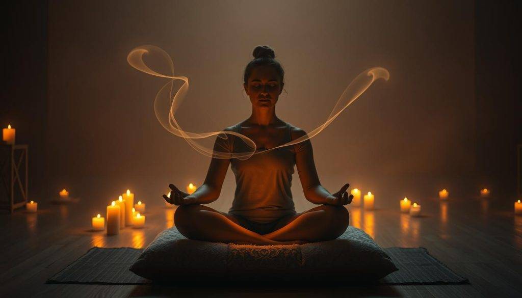 A serene, dimly lit meditation chamber bathed in warm candlelight. In the foreground, a person sits cross-legged on a plush cushion, hands resting gently in their lap, face radiating a sense of profound tranquility and inner peace. The middle ground depicts wispy, ethereal tendrils of energy or light emanating from the meditator, symbolizing the cultivation of compassion, loving-kindness, and connection. In the background, a hazy, dreamlike landscape unfolds, evoking a sense of boundless possibility and spiritual transcendence. The scene is captured with a soft, cinematic lens, creating a deeply contemplative and evocative atmosphere.