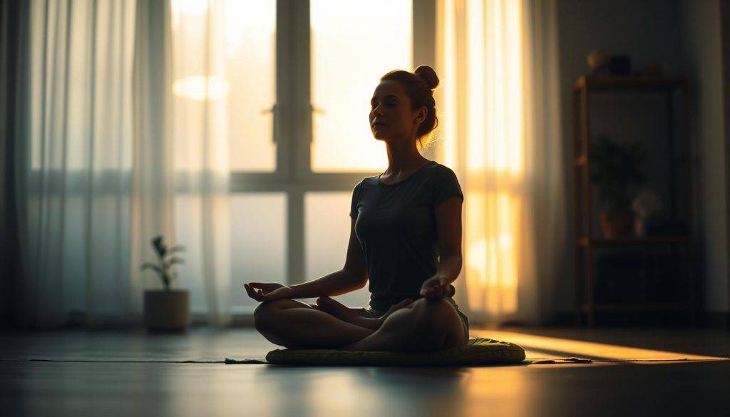 A serene, dimly lit room with a person sitting cross-legged on a meditation cushion, their eyes closed in deep concentration. Soft natural light filters in through a large window, casting a warm glow on their face. The background is blurred, with a few minimalist decor elements like a small potted plant and a simple wooden shelf. The scene exudes a sense of tranquility and mental focus, conveying the idea of a disciplined, intentional practice.