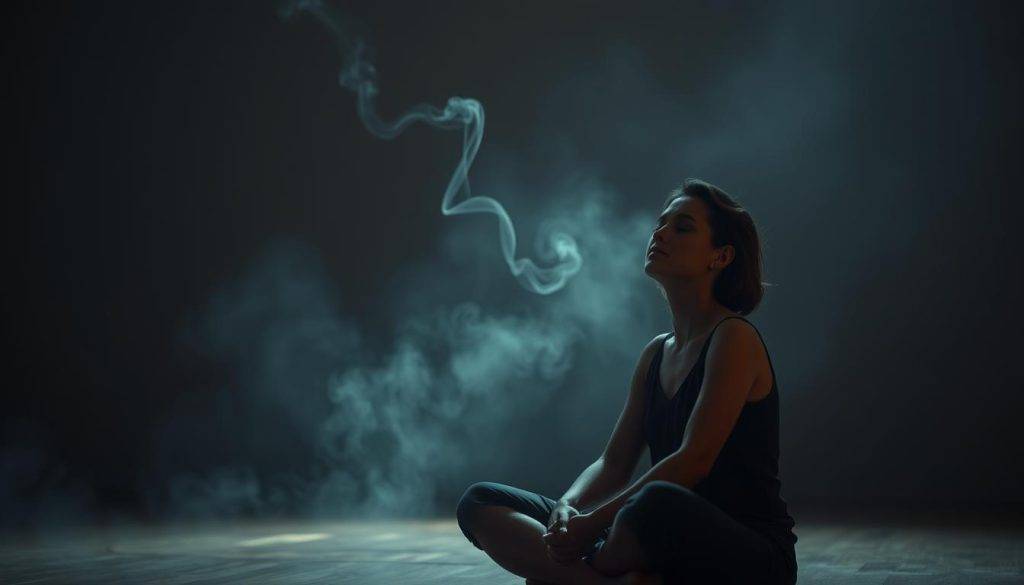A serene, dimly lit room with a tranquil atmosphere. In the foreground, a person sits cross-legged, eyes closed, their expression one of deep contemplation and inner focus. Soft, warm lighting illuminates their face, conveying a sense of emotional release and catharsis. In the middle ground, wisps of smoke curl upwards, adding a hazy, meditative quality to the scene. The background is blurred, emphasizing the subject's introspective state. The overall composition evokes a sense of letting go, personal growth, and the journey towards inner peace.