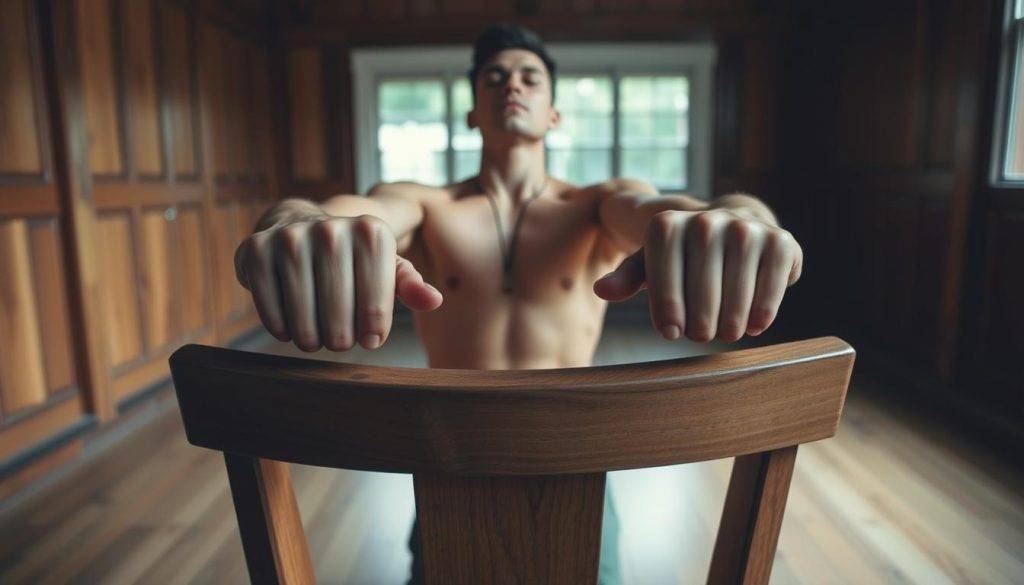 A serene, dimly lit room with a wooden floor and soft, warm lighting. In the foreground, a person's hands firmly gripping the edges of a wooden chair, showcasing the "STOP" technique - a method for pausing, grounding, and regaining control during challenging situations. The middle ground features the person's torso, eyes closed in deep concentration, radiating a sense of inner strength and determination. The background subtly blurs, drawing the viewer's focus to the central figure and the mastery of this transformative skill.