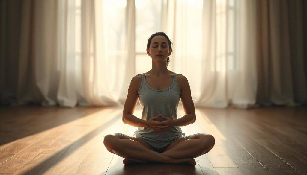 A serene, dimly lit room with soft natural light filtering through sheer curtains. On a wooden floor, a person sits cross-legged, eyes closed, hands resting gently on their lap. They are deeply focused, their face calm and serene, embodying the essence of mindful meditation. The background is blurred, creating a sense of peaceful isolation, allowing the viewer to be fully immersed in the moment. The overall atmosphere is one of tranquility, introspection, and a deep connection with the present.