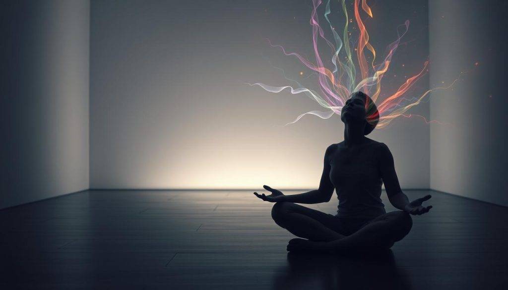 A serene, dimly lit scene of a person deeply engaged in the process of emotional release. In the foreground, a figure sits cross-legged on the floor, eyes closed, palms facing upwards in a gesture of letting go. Streams of colorful, ethereal energy emanate from their body, symbolizing the release of pent-up emotions. The middle ground features a tranquil, minimalist space with soft, ambient lighting, creating a contemplative atmosphere. In the background, subtle, abstract shapes and textures suggest a journey of introspection and inner growth. The overall composition conveys a sense of catharsis, inner peace, and the transformative power of the emotion release process.