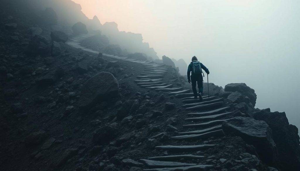 A serene, dimly lit scene of a person navigating a winding, rocky path uphill, conveying the challenges of overcoming obstacles. The foreground features the determined figure, clad in hiking gear, steadily making their way forward. The middle ground showcases the rugged, uneven terrain, with boulders and crevices adding to the sense of difficulty. The background is shrouded in a mist-like atmosphere, hinting at the uncertainty and unknown ahead. Soft, warm lighting from an unseen source casts a gentle glow, symbolizing the perseverance and resilience required to achieve one's goals. The overall mood is one of focus, determination, and a strategic mindset to overcome the obstacles in the path.
