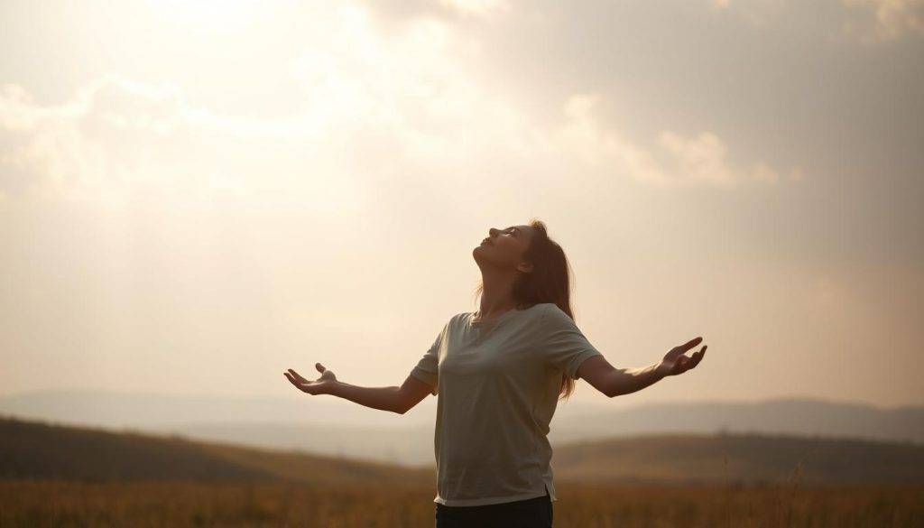 A serene, dimly lit scene of a person standing in a field, gazing upwards with a peaceful expression. Soft, diffused sunlight filters through wispy clouds, casting a warm, golden glow. The figure's body language conveys a sense of emotional release, arms open, palms facing the sky. In the background, rolling hills and a distant horizon create a tranquil, expansive atmosphere. The overall tone evokes a profound sense of letting go, introspection, and inner harmony.