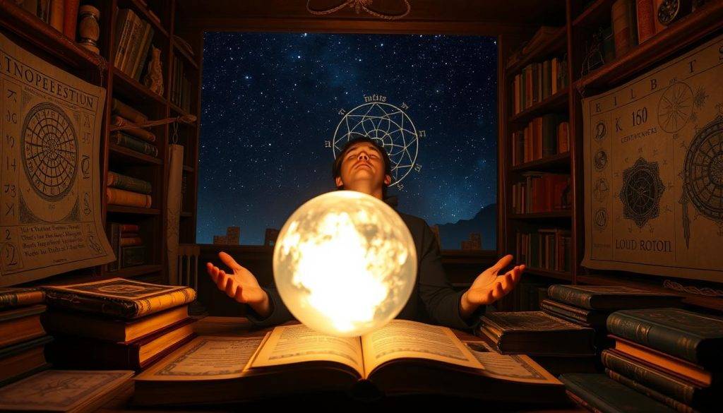 A serene, dimly lit study filled with ancient tomes and mystical artifacts. In the foreground, a levitating crystal ball emits a soft, pulsing glow, surrounded by symbols of manifestation - runes, sigils, and astrological charts. The middle ground features a person in deep contemplation, eyes closed, hands outstretched, channeling the energy of the cosmos. In the background, a vast, starry night sky, hinting at the infinite potential of the universe. Warm, golden lighting casts dramatic shadows, creating an atmosphere of profound focus and introspection.