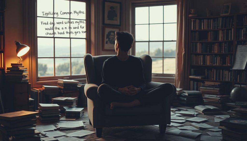 A serene, dimly lit study filled with books and scattered papers. In the foreground, a person sits cross-legged on a plush armchair, deep in contemplation, dispelling common myths about self-compassion through insightful notes and sketches. Warm, diffused lighting casts a thoughtful glow, creating an atmosphere of introspection and growth. In the background, a large window overlooks a tranquil landscape, symbolizing the journey towards inner peace. The scene conveys a sense of clarity and understanding, inviting the viewer to explore the nuances of self-compassion.