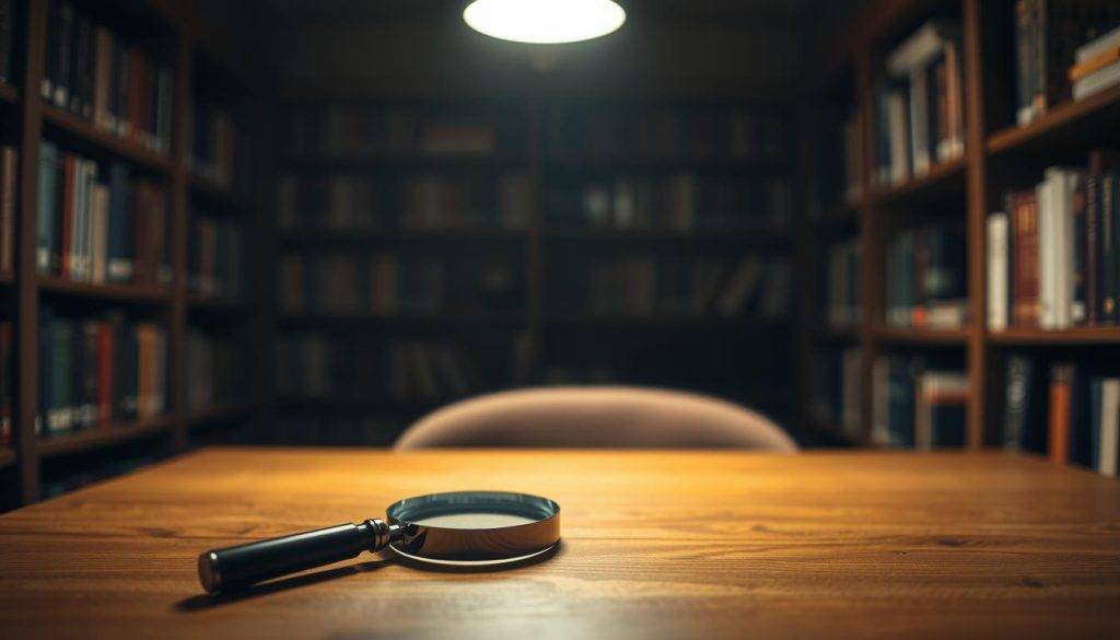 A serene, dimly lit study with a single, focused beam of light illuminating a magnifying glass on a wooden desk. In the foreground, the magnifying glass reflects a sharp, intricate pattern, symbolizing the power of focused attention. The background features blurred bookshelves, creating a sense of depth and study. Soft, warm lighting casts a contemplative mood, suggesting the deep concentration required for pattern interrupt psychology.