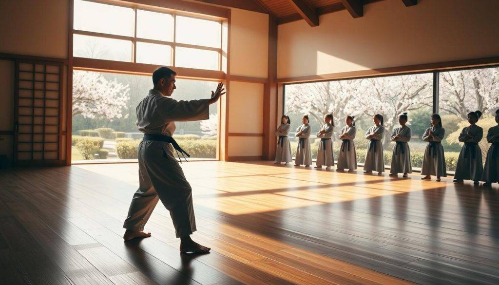 A serene dojo, bathed in warm, natural light. In the foreground, a lone martial artist performing a fluid, graceful kata - their movements precise, powerful, and effortless. Shadows dance across the polished wooden floor, accentuating the dynamic poses. In the middle ground, a row of students mirroring the instructor's techniques, their focus intense. The background reveals a tranquil garden, cherry blossoms drifting gently, conveying a sense of harmony and discipline. Capture the essence of Kyojutsu - the perfect balance of mental and physical mastery. A serene dojo, bathed in warm, natural light. In the foreground, a lone martial artist performing a fluid, graceful kata - their movements precise, powerful, and effortless. Shadows dance across the polished wooden floor, accentuating the dynamic poses. In the middle ground, a row of students mirroring the instructor's techniques, their focus intense. The background reveals a tranquil garden, cherry blossoms drifting gently, conveying a sense of harmony and discipline. Capture the essence of Kyojutsu - the perfect balance of mental and physical mastery.