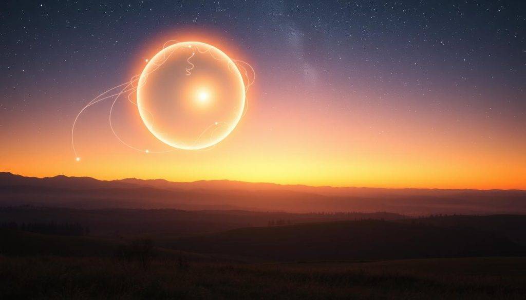 A serene, ethereal scene depicting the fundamental principles of the law of attraction. In the foreground, a glowing, translucent sphere representing the power of focused intention hovers, emanating a gentle radiance. Surrounding it, delicate, swirling tendrils of energy symbolize the interconnectedness of thought, belief, and manifestation. In the middle ground, a tranquil landscape unfolds, with rolling hills and a distant horizon bathed in a warm, golden light, signifying the harmony and abundance that can be drawn forth through the alignment of mind and spirit. In the background, a starry, twilight sky serves as a cosmic backdrop, underscoring the universal nature of these metaphysical laws. The overall atmosphere is one of contemplation, balance, and the underlying potential for transformation.