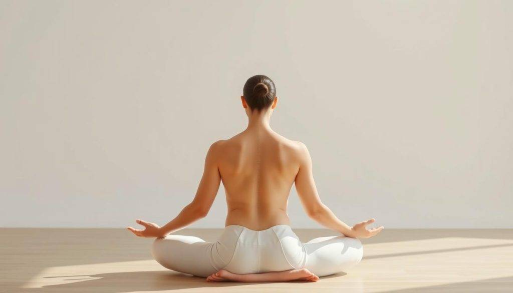 A serene figure sits in a state of tranquil meditation, their spine erect and shoulders relaxed. Soft, natural lighting bathes the scene, accentuating the subject's peaceful expression and the gentle connection between mind and body. The background is a minimalist, calming expanse, allowing the viewer to focus on the central pose. Elegant lines and subtle curves define the posture, conveying a sense of effortless balance and grounded presence. This image embodies the essence of confident, calm, and focused states, inviting the viewer to find their own inner stillness and clarity.