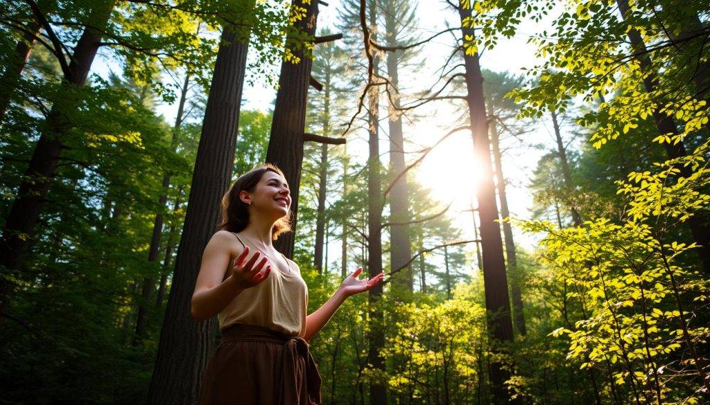 A serene forest bathing guide stands amidst a lush, verdant landscape, their tranquil presence guiding the viewer into a state of peaceful introspection. Dappled sunlight filters through the canopy, casting a warm, golden glow upon the scene. The guide, dressed in earthy tones, gestures gently, inviting the observer to slow down, breathe deeply, and fully immerse themselves in the restorative power of the natural world. In the background, towering trees stretch towards the sky, their branches swaying softly in a gentle breeze. The overall atmosphere evokes a sense of calm, balance, and harmony, perfectly capturing the essence of the "Shinrin-yoku: Tips and Techniques for Beginners" section.