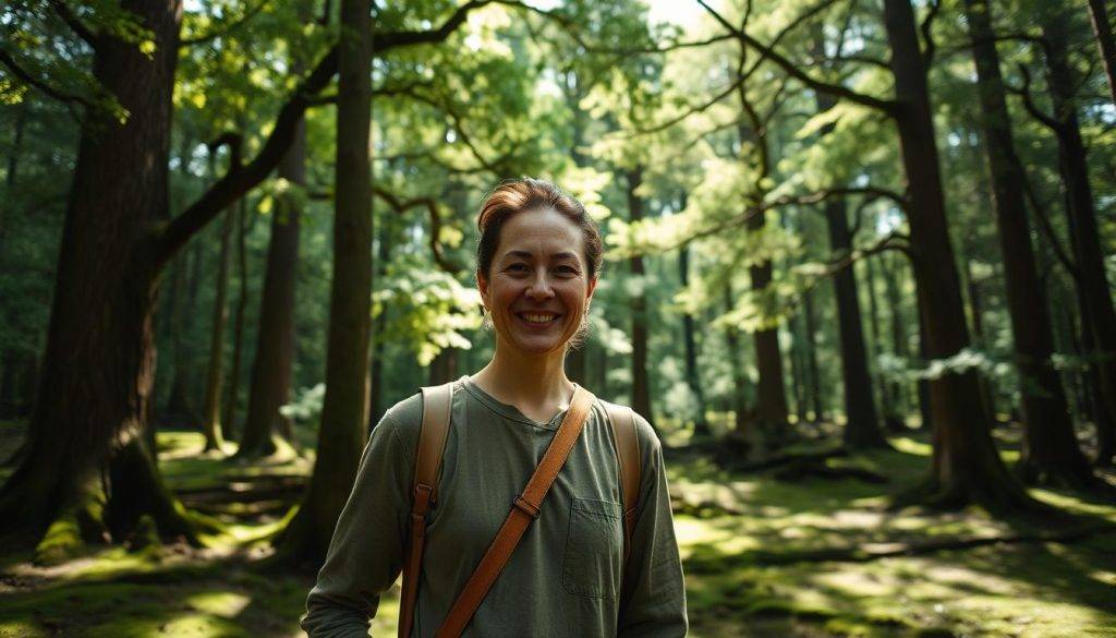 A serene forest bathing guide stands in a sun-dappled clearing, their face radiating a sense of tranquility. They wear earthy-toned clothing and carry a wooden walking stick, beckoning visitors to follow them on a mindful journey through the verdant landscape. Tall, ancient trees surround the scene, their branches casting delicate shadows on the mossy ground. A gentle breeze rustles the leaves, creating a soothing, natural symphony. The guide's gaze is calm and inviting, encouraging participants to fully immerse themselves in the restorative power of the forest. Soft, diffused lighting enhances the peaceful atmosphere, capturing the essence of Shinrin-yoku and the step-by-step guidance it offers.