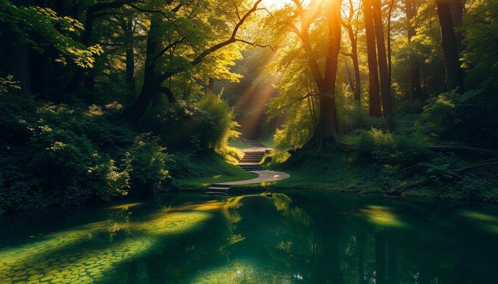 A serene forest glade, bathed in warm, golden sunlight filtering through the lush canopy of ancient trees. In the foreground, a calm pool of crystal-clear water reflects the verdant foliage, inviting one to pause and immerse in the tranquil atmosphere. The middle ground features a winding path, meandering through the undergrowth, beckoning the viewer to step inside and experience the restorative power of nature. In the background, mysterious shadows dance among the towering trunks, hinting at the deeper mysteries of the forest. The overall mood is one of rejuvenation, harmony, and a sense of profound connection with the natural world.